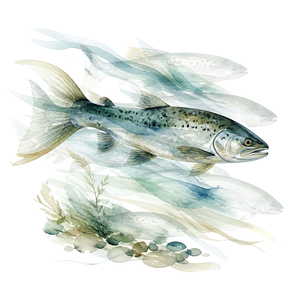 An ethereal watercolour of a flowing Atlantic salmon in chalkstream water