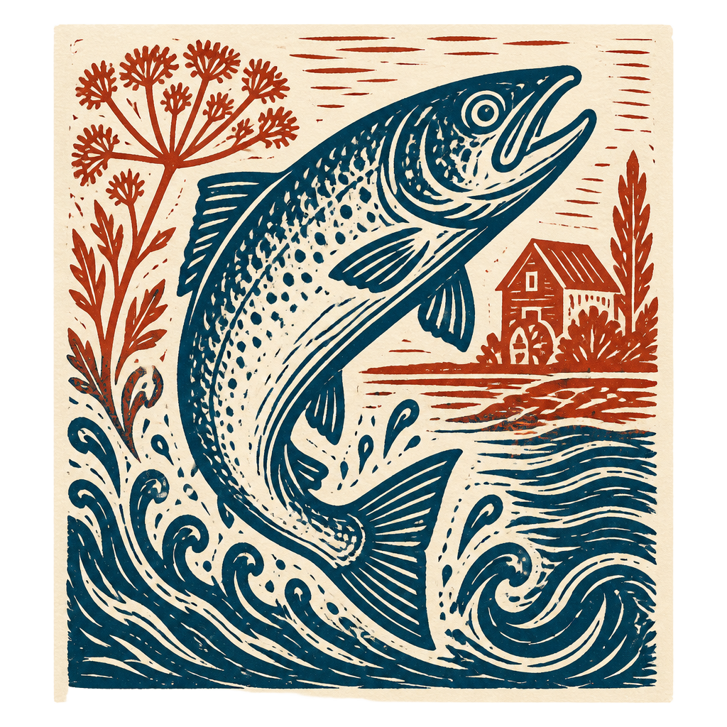 A bold hand-carved linocut print of a leaping Atlantic salmon