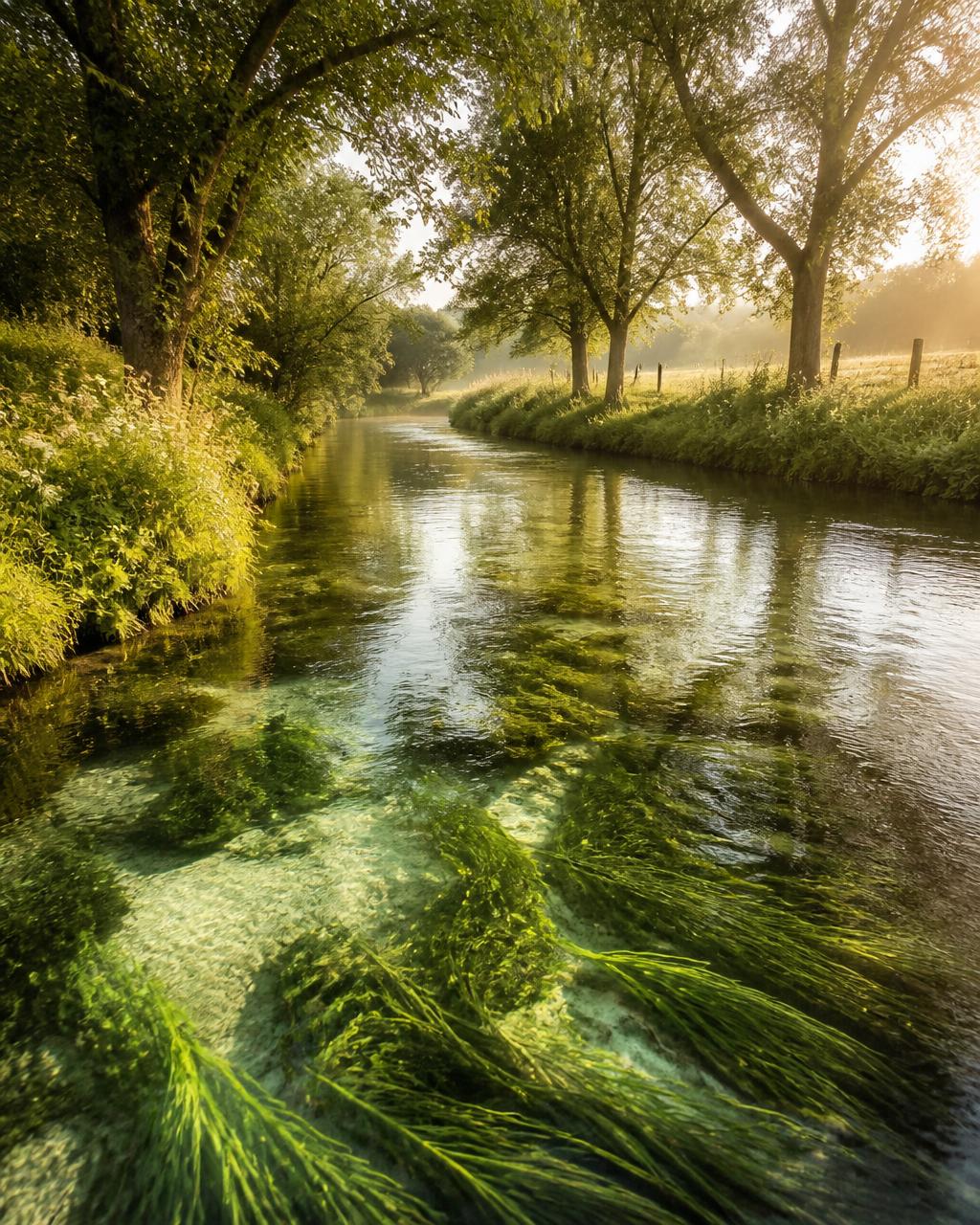 A serene Dorset chalkstream — crystal-clear mineral-rich water flowing over a pale chalk bed at golden hour